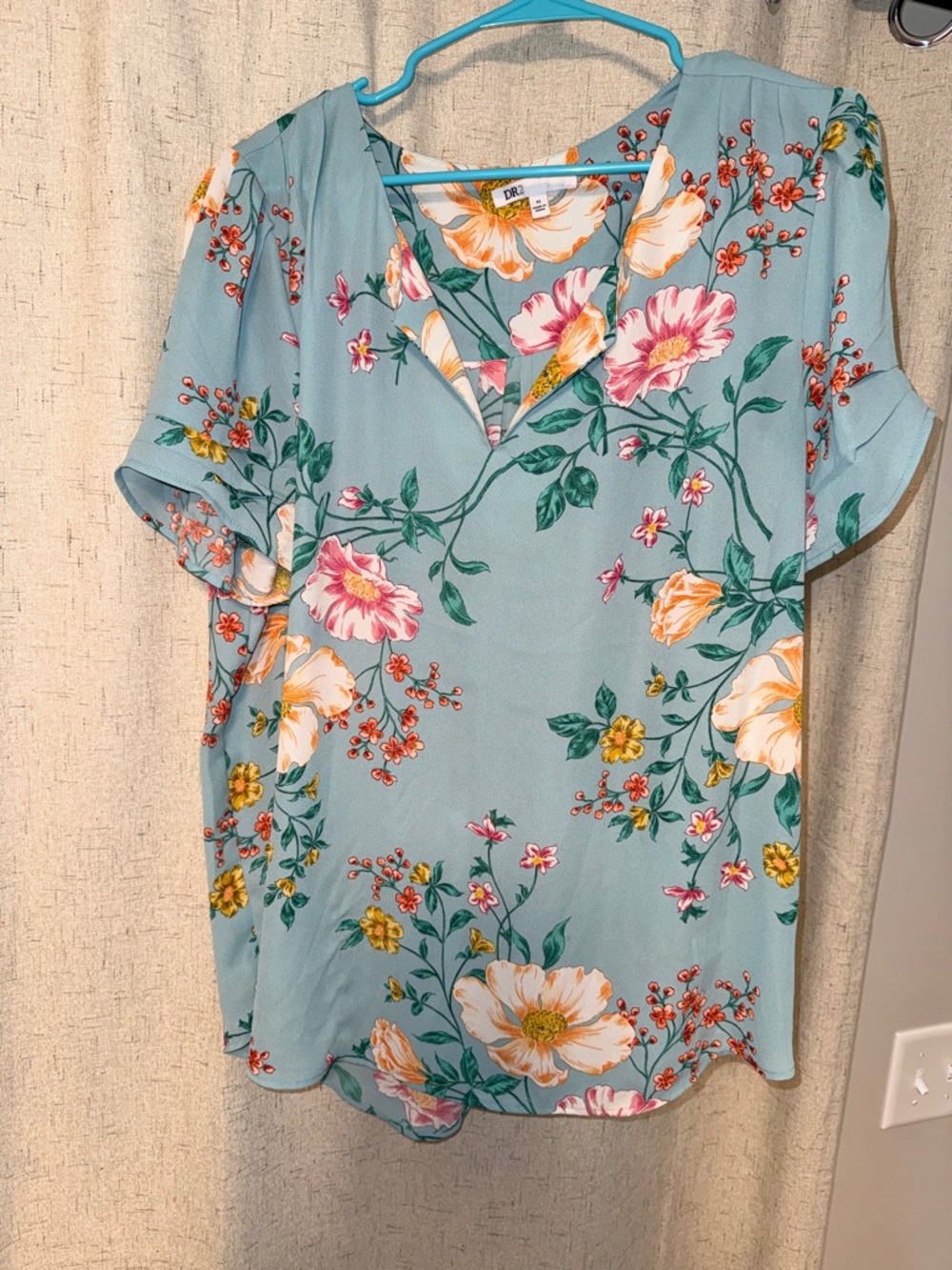 DR2 Aqua Floral V-Neck Blouse with Pink and Yellow Blooms